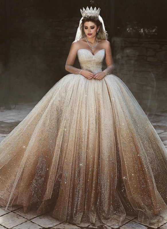 Sparkly Ball Gown Tulle Wedding Dresses | Scoop Long Sleeves Sequins Bridal Dresses