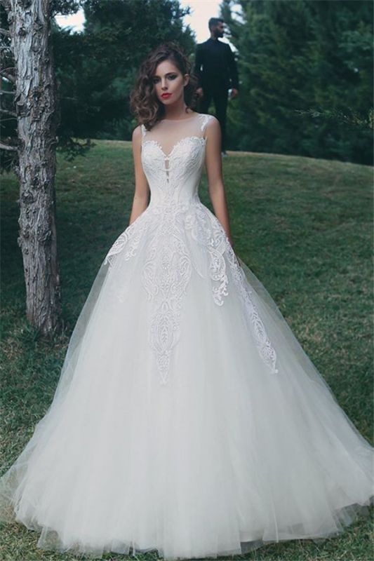 Glamorous A-Line Appliques Bridal Gowns Sleeveless Tulle Wedding Dresses