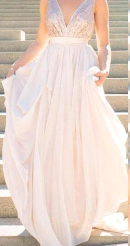 2021 V neck Chiffon Sequins Backless Formal Prom Dresses