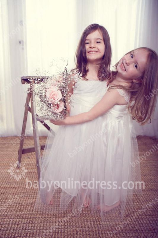 White Spring Tulle Flower Girl Dresses Square Appliques A Line Pageant Dresses