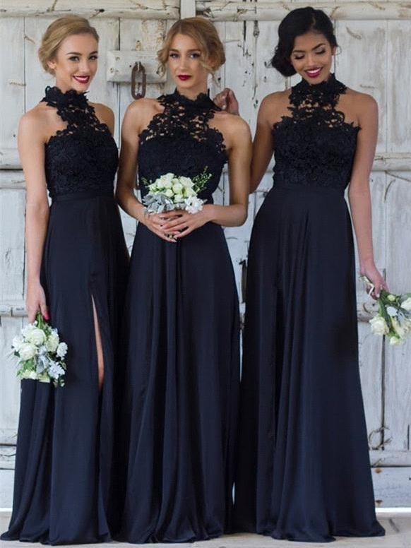 Cheap Dark Navy A-Line Bridesmaid Dresses | Halter Lace Side Slit Maid Of The Honor Dresses