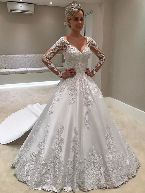 Sexy Lace Ball Gown Wedding Dresses | V-Neck Long Sleeves Appliques Puffy Bridal Gowns