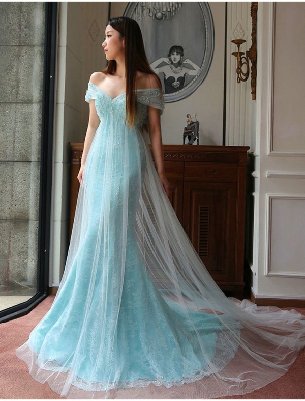 Stunning Mermaid Off-the-shoulder Prom Dress 2021 Lace Tulle Prom Dress