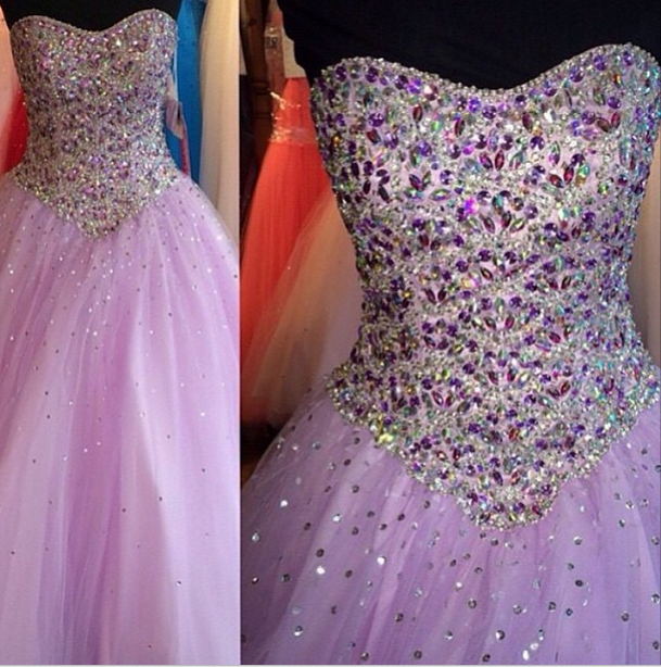 Crystals Beaded Sweetheart Prom Dresses Princess Tulle Sweep Train Ball Gown Dresses