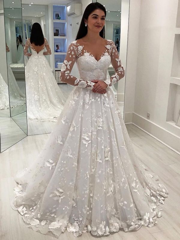 Exquisite Lace A-Line Wedding Dresses | V-Neck Long Sleeves Appliques Puffy Bridal Gowns BC1352