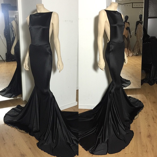 2021 Prom Dresses Black Backless Bateau Neck Spaghettis Court Train Mermaid Evening Gowns