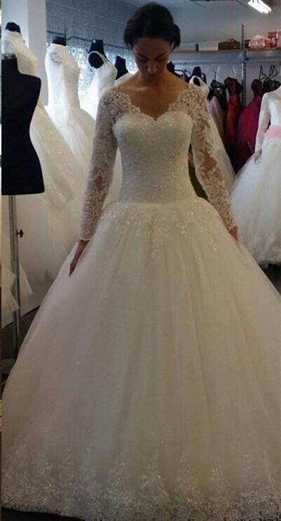 Elegant Sequins Lace Ball Gown Wedding Dresses Long Sleeves Tulle Bridal Wears