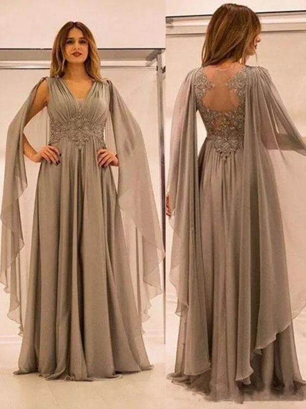 Stylish Chiffon A-Line Mother Of The Bride Dress | V-Neck Cappa Lace A-Line Wedding Party Dresses