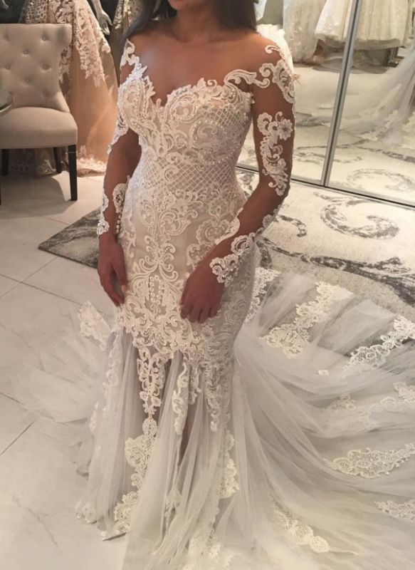 Gorgeous Pearls Mermaid Wedding Dresses | Off-the-Shoulder Lace Appliques Bridal Gowns