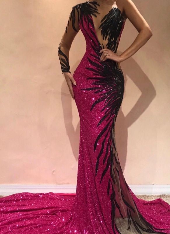 Sexy Black Fuchsia Mermaid Evening Dresses | One Sleeve Open Back Pageant Dress BC0468