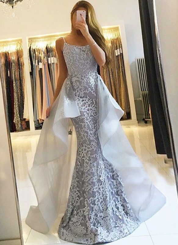 Glamorous Lace Long Prom Dresses | Strapless Over-Skirt Mermaid Evening Dresses