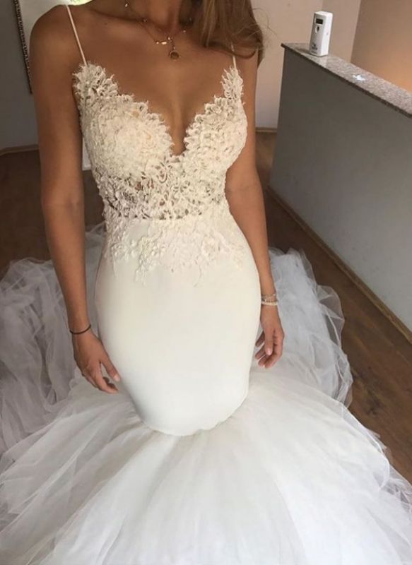 Sexy Sleeveless Mermaid Wedding Dresses | Spaghettis Straps Backless Tulle Bridal Gowns
