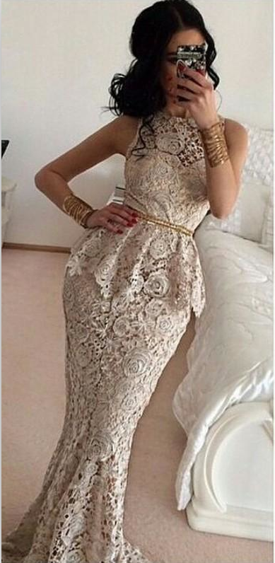 Gorgeous Lace Peplum Long Mermaid Prom Dresses Arabic Evening Gowns