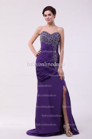 Wholesale Glamorous Gowns For Proms Purple Sweetheart Beaded Front Split Long Dresses Online BO0871