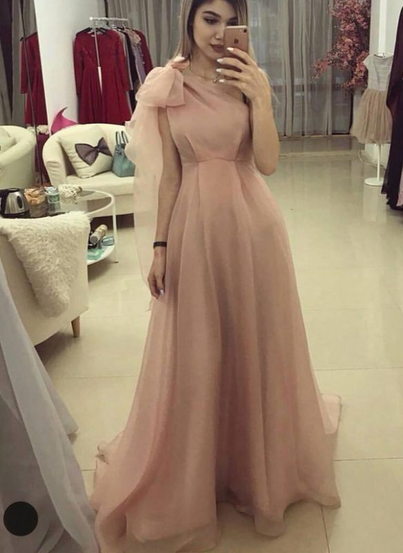 Elegant Pink Organza Prom Dresses | One-Shoulder Bows A-Line Evening Dresses