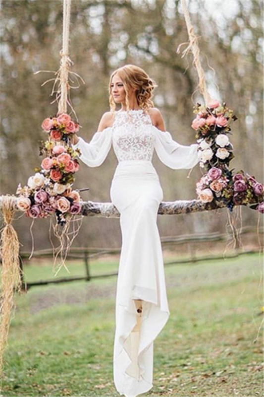 Long Sleeves Lace Elegant Chiffon Mermaid Wedding Dresses | Fit and Flare Bridal Dresses
