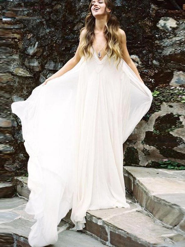Simple Chiffon A-Line Bohemian Wedding Dresses | Spaghetti Straps Long Beach Bridal Gowns
