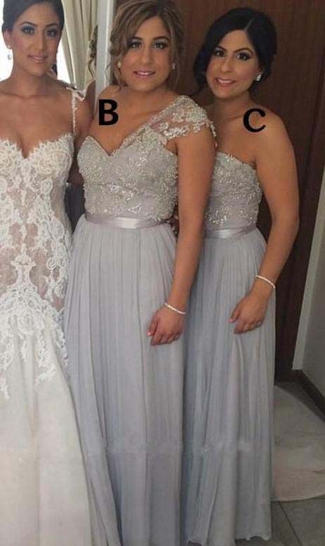 2021 Silver Beaded Chiffon Bridesmaid Dresses Ruched Floor Length A-line Wedding Party Dresses