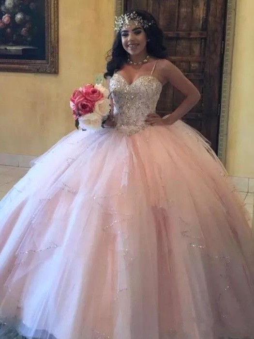 Luxury Pink Ball Gown Quinceanera Dresses | Spaghetti Straps Beading Tiered Prom Dresses