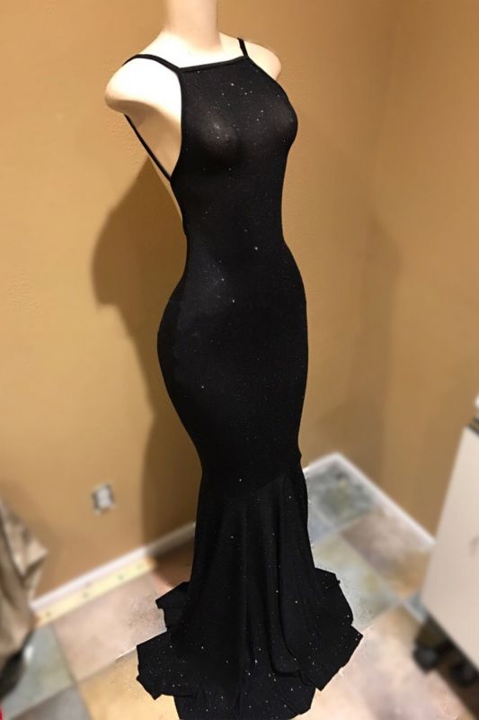 Spaghetti Strap Mermaid Prom Dresses | Black Square Sweep Length Evening Dresses