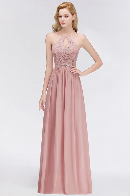 Keyhole Lace Chiffon Long Floor-Length Halter Bridesmaid Dress