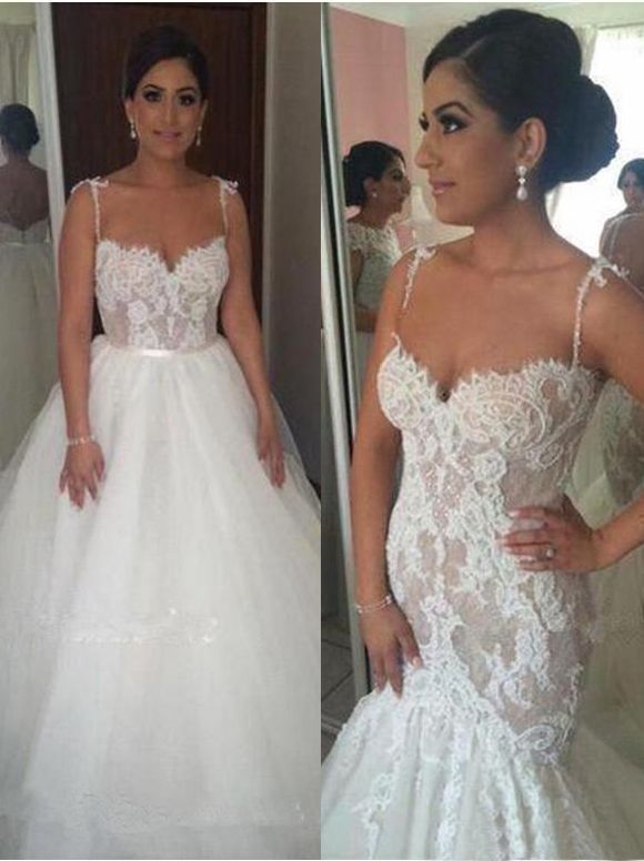Glamorous Lace Mermaid Wedding Dresses | Spaghetti Straps Over Skirt Bridal Gowns