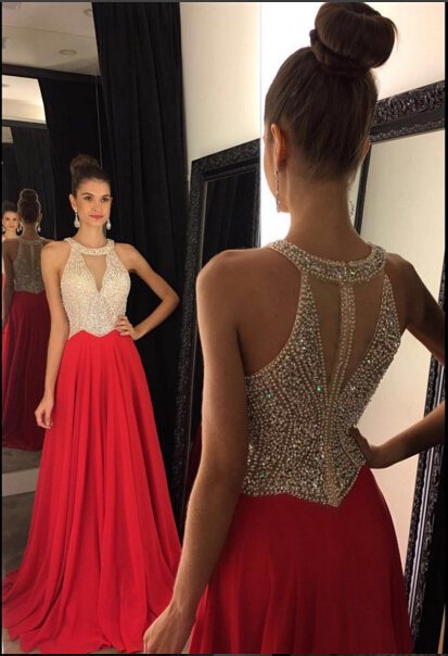 2021 Red Chiffon Prom Dresses Halter V Neck Sleeveless Beading Long A-line Evening Gowns