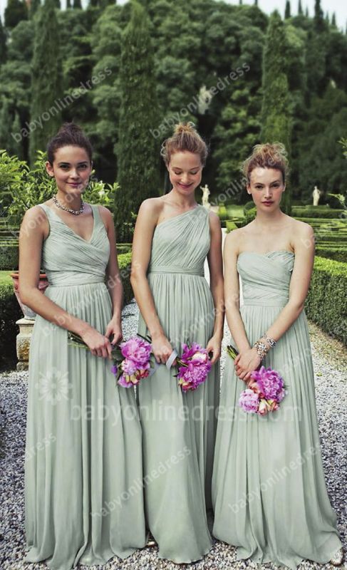 Light Green Bridesmaid Dresses Ruffles Sleeveless Floor Length Backless Different Style Pretty Custom Made Party Gowns