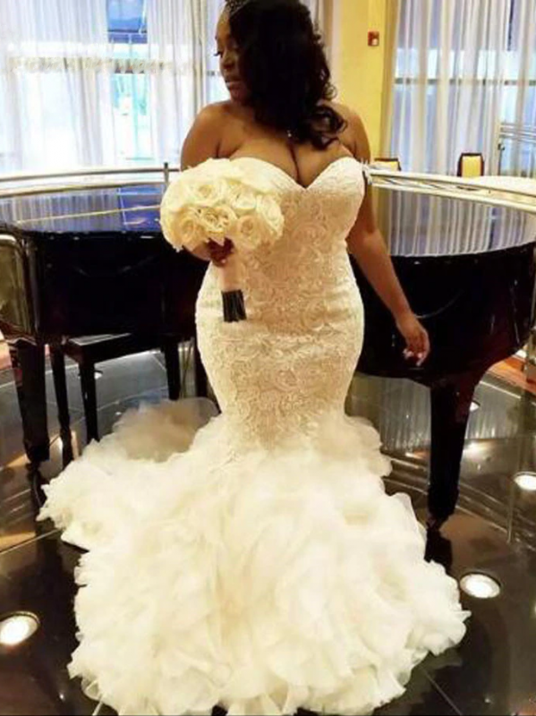 Elegant Lace Mermaid Wedding Dresses | Sweetheart Sleeveless Ruffles Tiered Bridal Gowns
