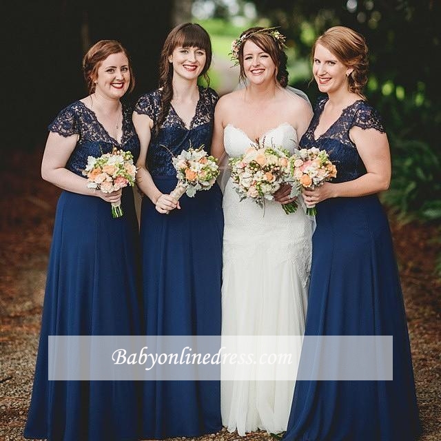 Romance Lace Chiffon Navy Blue Long Bridesmaid Dresses