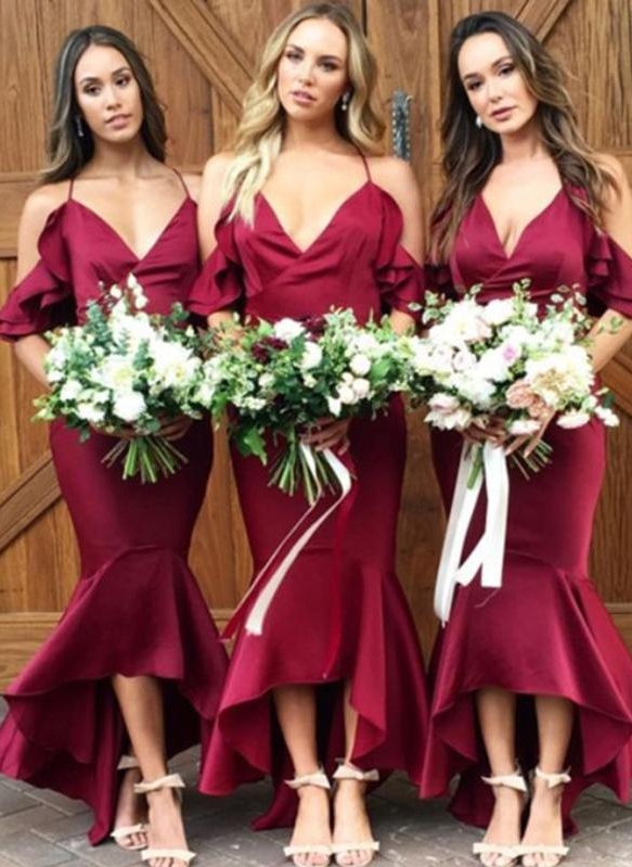 Sexy High-Low Mermaid Bridesmaid Dresses | Simple Spaghetti Straps Ruffles Wedding Party Dresses