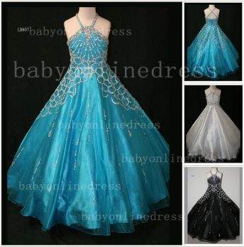 Discounted Girls Pageant Dresses On Sale Halter Beaded Crystal Organza Gowns Stores LR807