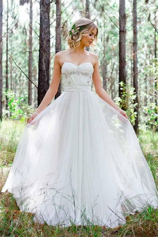 Cheap Simple A-Line Spaghetti Straps Tulle Wedding Dress with Beadings