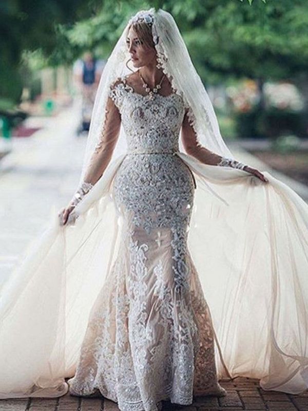 Glamorous Long Sleeves Lace Mermaid Wedding Dresses | Scoop Appliques Detachable Skirt Bridal Gowns