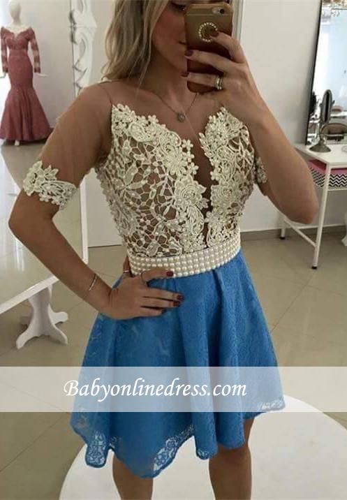 Gorgeous Short-Sleeve Pearls Lace Homecoming Dress 2021 Cocktail Dress Bar0