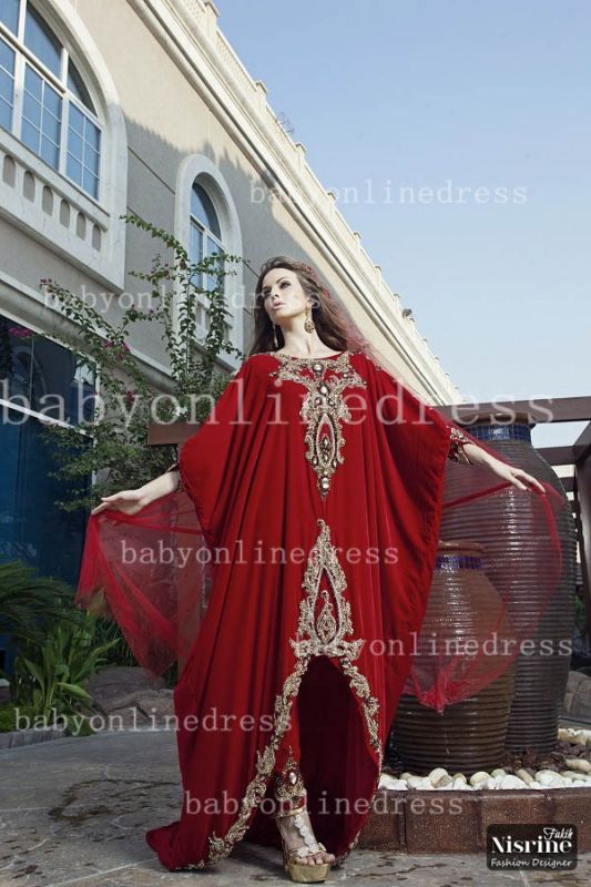 2021 Arabic Kaftans Dress for Women Red Chiffon Lace Beach Long Sleeves Party Evening Dresses BO3213