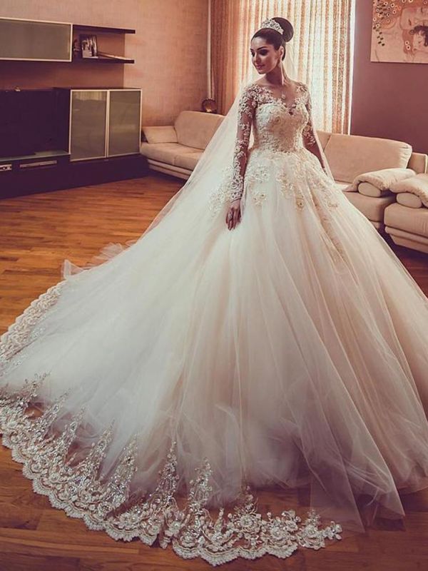 Vintage Long Sleeves Wedding Dresses | Sheer Neck Lace Ball Gown Wedding Dresses