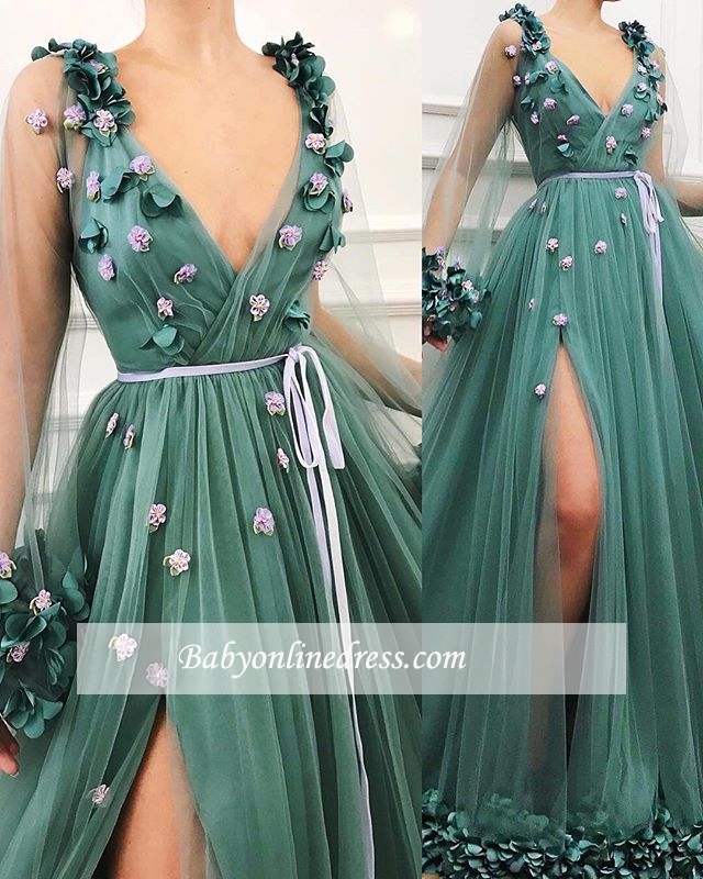Long-Sleeves A-Line Green Side-Slit Tulle Gorgeous Prom Dress
