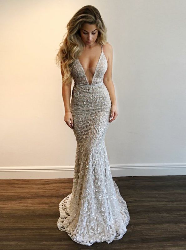 Sexy Spaghettis Straps Evening Gowns | V-Neck Open Back Prom Dresses