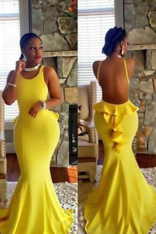 Yellow Scoop Mermaid Prom Dresses | Sexy Open Back Evening Gown