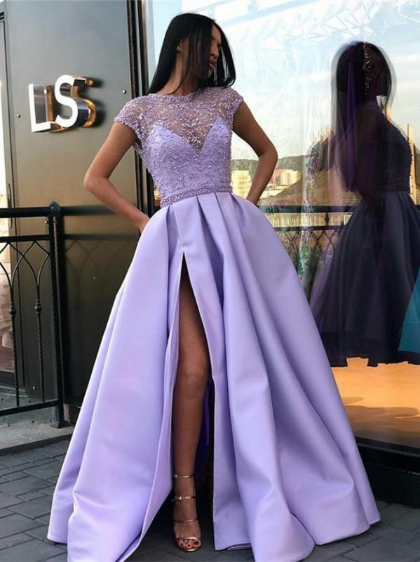 Fashion Side Slit A-Line Prom Drresses | Jewel Cap Sleeves Beading Evening Dresses