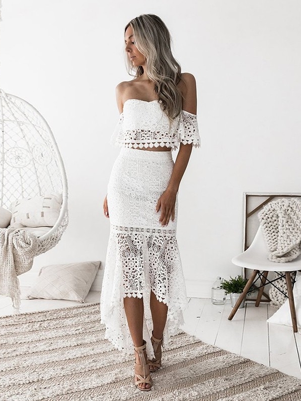 Elegant Two Pieces Mermaid Homecoming Dresses | White Lace Off-The-Shoulder Hi-Lo Cocktail Dresses