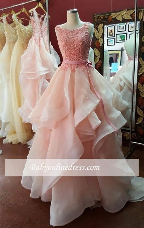 Hot A-Line Open-Back Tiered Pearl-Pink Lace Organza Prom Dresses
