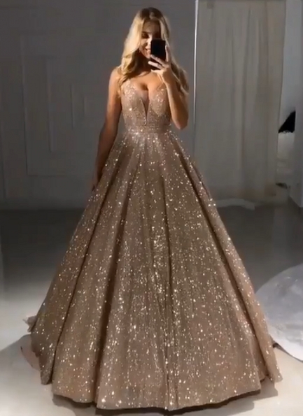Shiny Gold Ball Gown Evening Dresses | Sexy V-Neck Sequin Prom Dresses BC0412