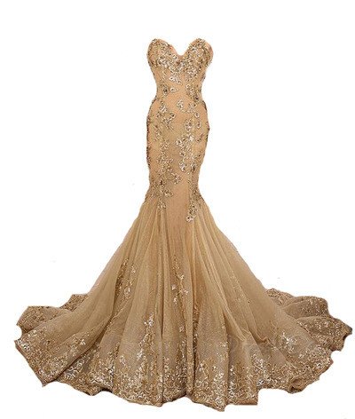 Gold Lace Appliques Mermaid Prom Dress