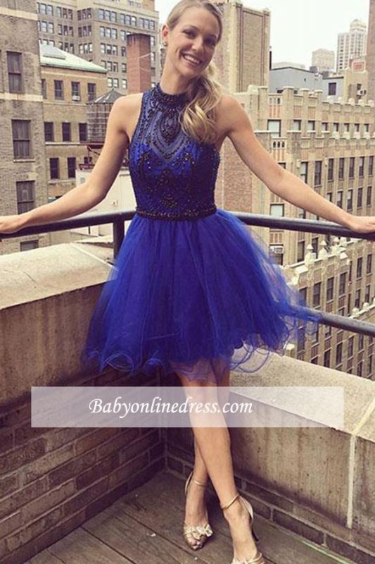Short Glamorous High-neck Beaded Homecoming Dresses | Blue A-Line Short Gowns