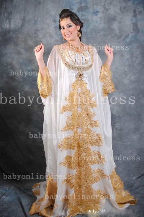 New Arrival Kaftan Arabic Evening Dresses long sleeves With Gold Lace Applique Chiffon Dress