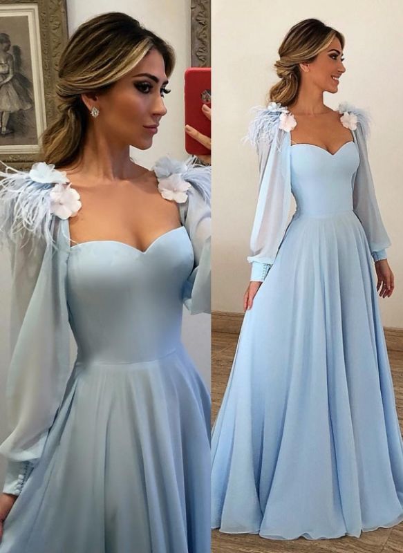 Elegant Sky Blue Prom Dresses | Feathers Long Sleeves A-line Evening Gown