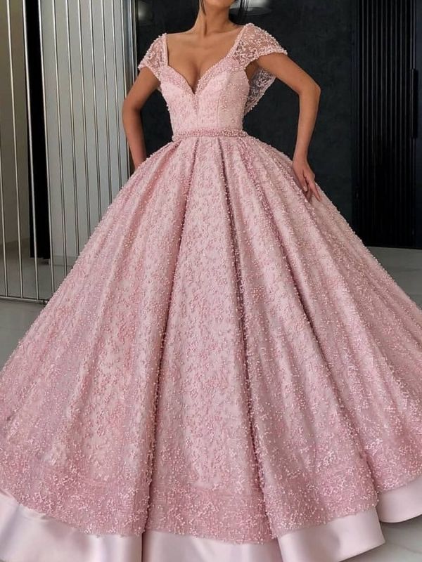 Luxury Pink Ball Gown Prom Dresses | V-Neck Cap Sleeves Beading Quinceanera Dresses