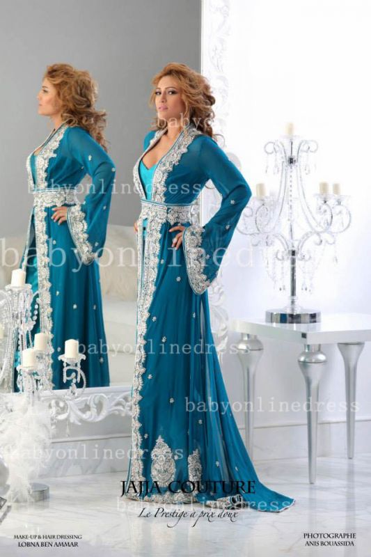 Long Sleeves Arabic Dresses A-line Sheer White Lace Appliques Blue Beaded Evening Gowns Robe